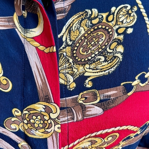 Vintage Stephanie Andrews 100% Silk Equestrian Navy Red Button Down Blouse Shirt - Picture 9 of 16